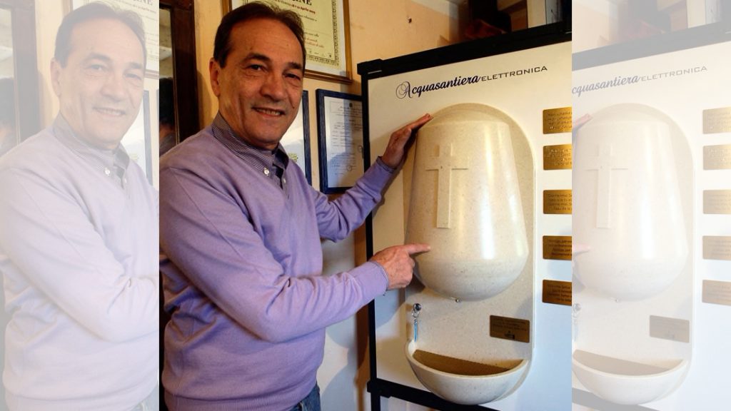 Photo of Luciano Marabese and his holy water dispenser